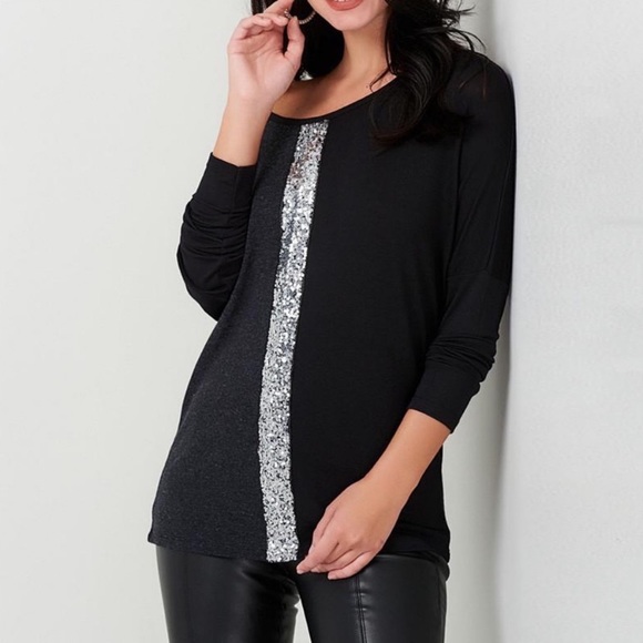 Off Shoulder Sequin Design Long Sleeve Color Block Blouse - Picture 2 of 8
